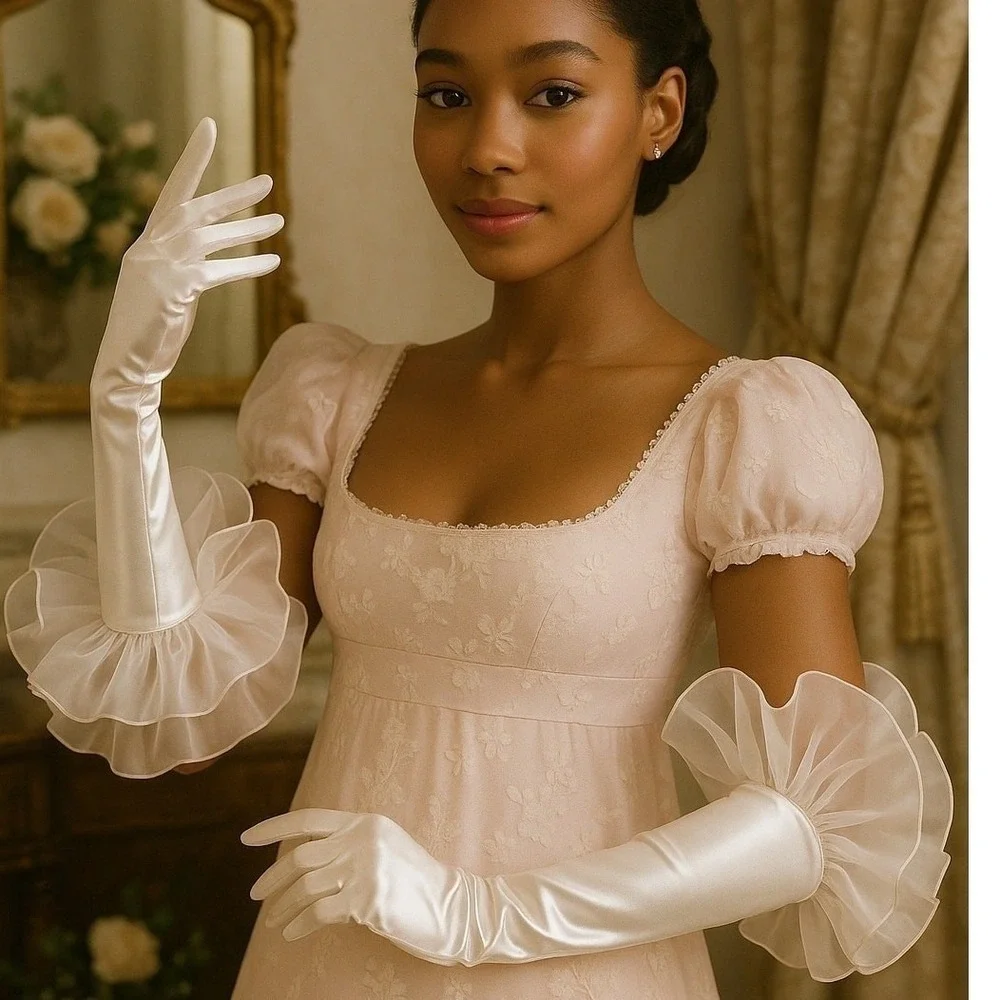 New White Satin Opera Evening Gloves Wedding Tulle Puff Vintage Long Formal